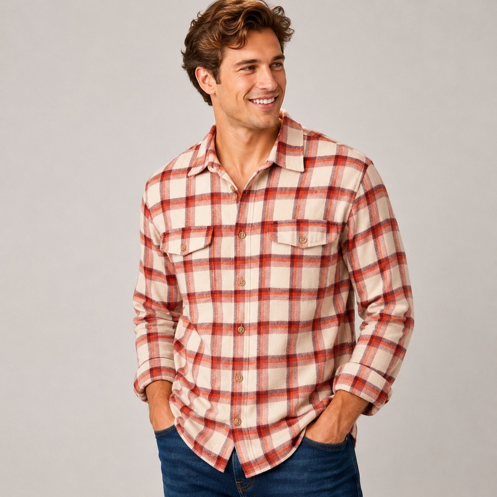 BKE Mens Plaid Flannel Button Up Shirt Long Sleeve Cream Orange Red XXL